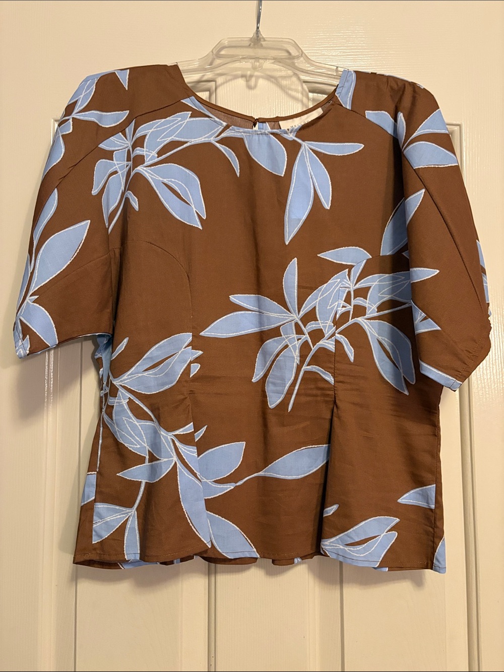 MELLODAY Brown Blouse with Light Blue Leaf Motif